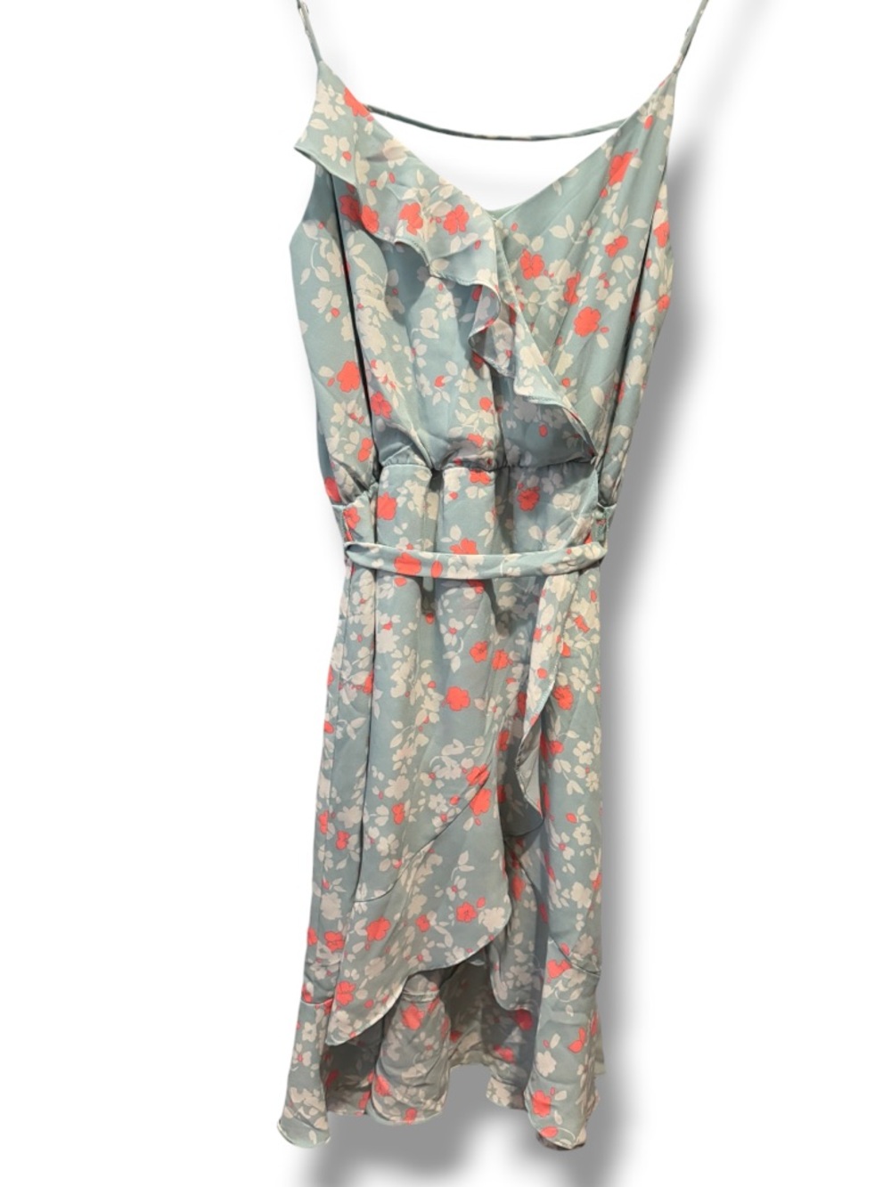 Socialite Women’s Pastel Floral Ruffle Sleeveless Dress Teal with Coral Accents